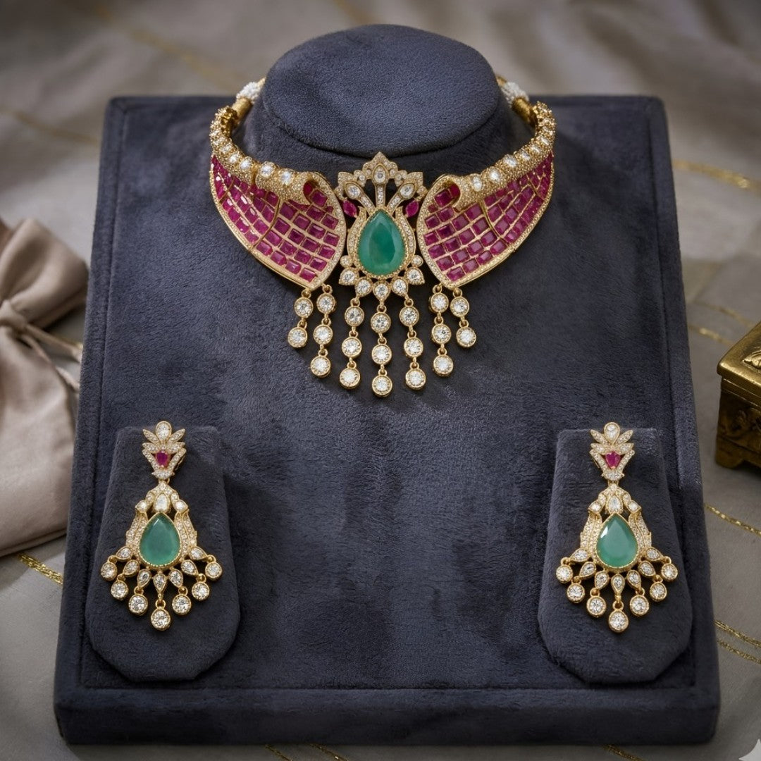 Royal Pink Kundan Choker Necklace Set with Green Stone & Pearl Drop Earrings for Women