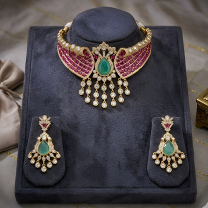 Royal Pink Kundan Choker Necklace Set with Green Stone & Pearl Drop Earrings for Women