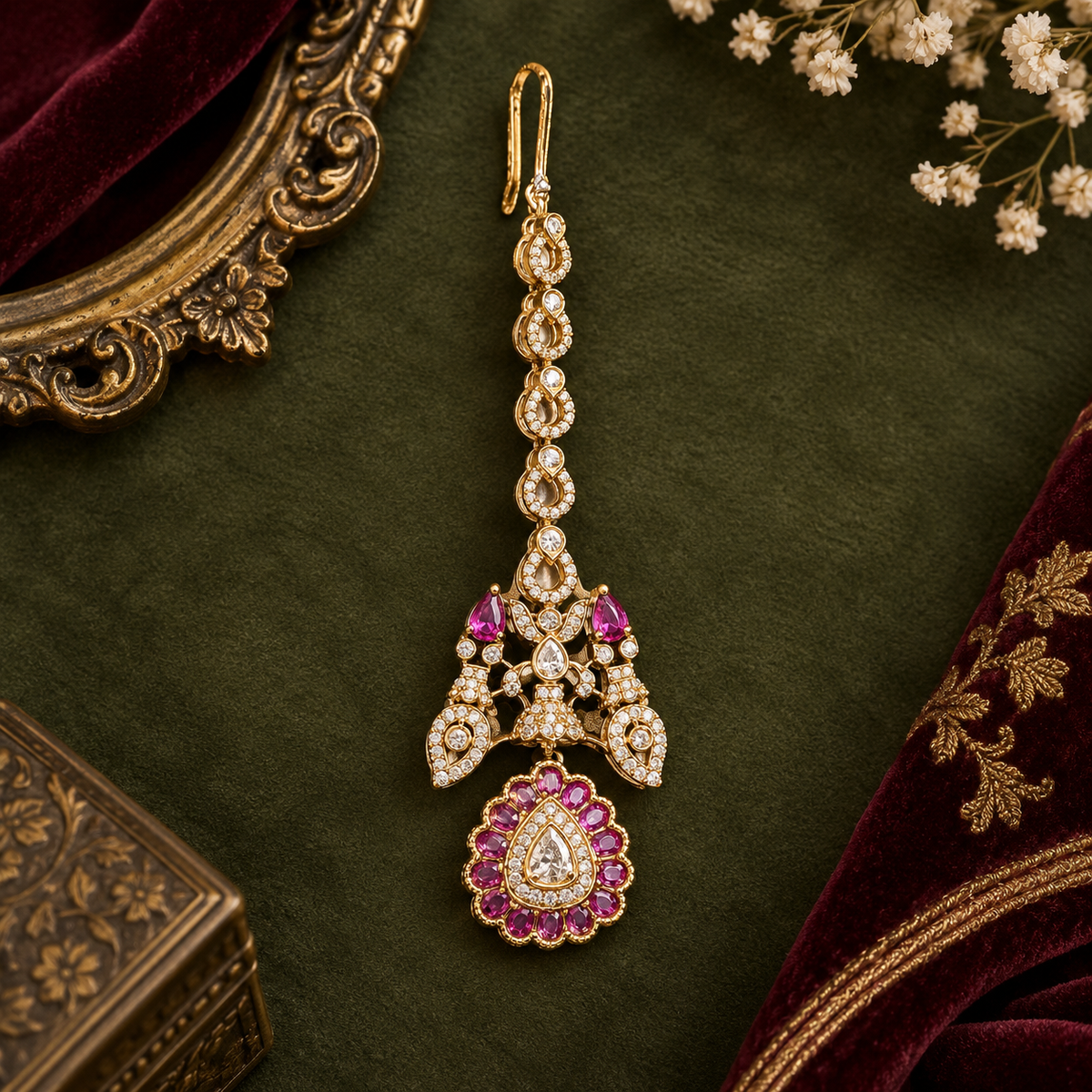 Gold finish American diamond maang tikka with ruby pink oval stone medallion, clear pear centre stone, zircon teardrop chain and ruby pink pear accents – Auraa Trends