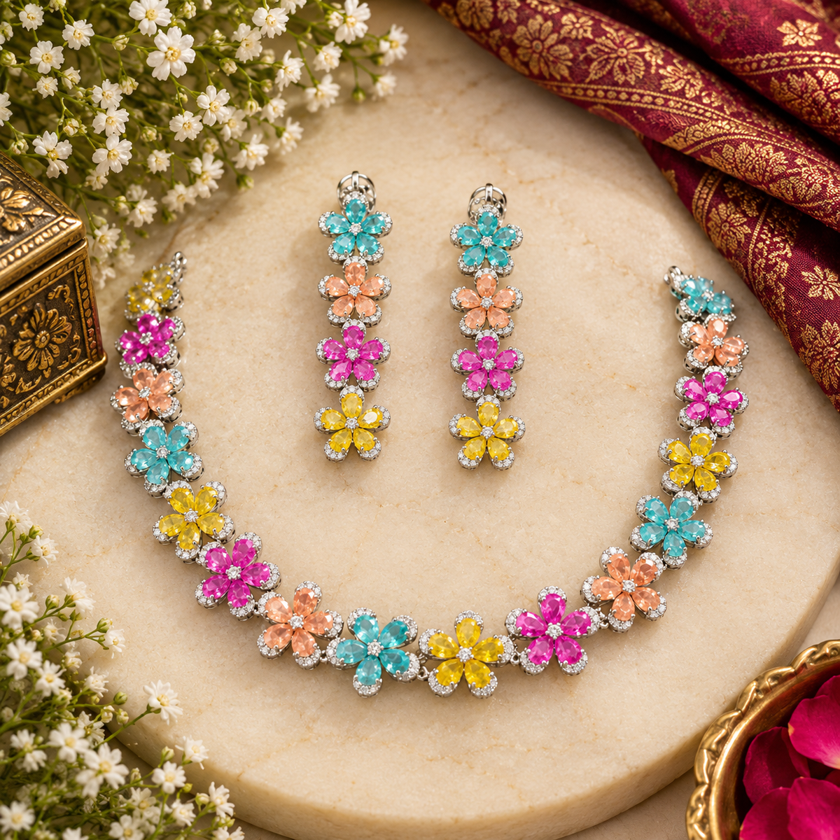 Silver plated multicolour flower American diamond necklace set with aqua, peach, pink and yellow stones and matching drop earrings on a marble slab