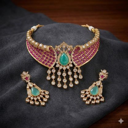 Royal Pink Kundan Choker Necklace Set with Green Stone & Pearl Drop Earrings for Women