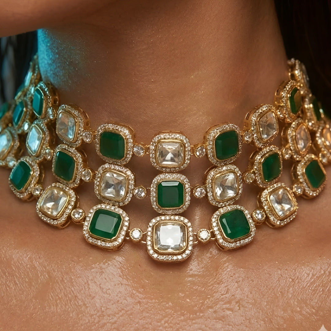 Emerald Green Cushion Cut Choker Necklace Set with Matching Earrings | Luxury Bridal Jewellery