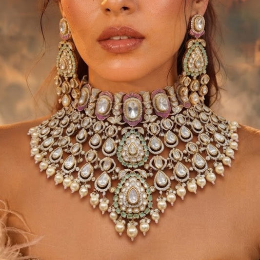 Antique Gold Kundan Meenakari Choker Necklace Set with Pink & Mint Enamel, Pearl Drops – Bridal Jewellery with Jhumka Earrings