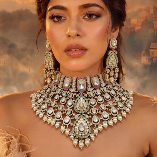 "Antique gold kundan meenakari bridal choker necklace set with pink and mint enamel work and pearl drops, paired with matching jhumka earrings"