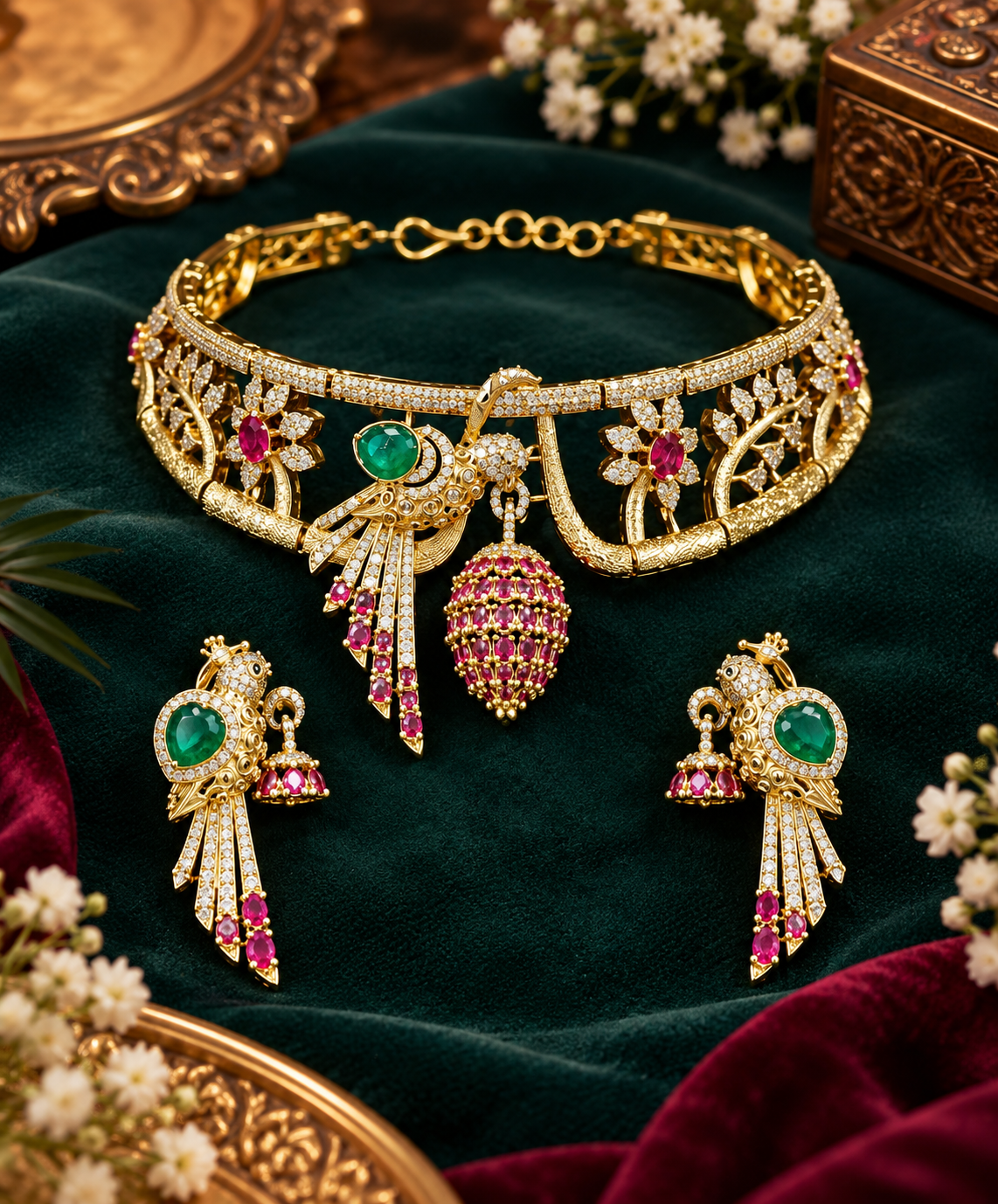 Gold-tone American diamond rigid choker with bird motif, emerald-green stone, ruby-pink flowers and ruby cage drop with matching bird earring on a grey display bust