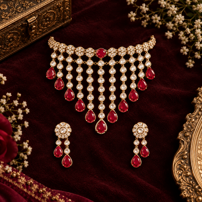Ruby Red Pear Drop Kundan Necklace Set