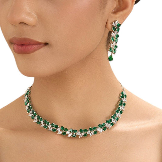 Chic Emerald Green and White Stone Necklace Set – Contemporary Partywear Jewelry - Auraa Trends - Necklace -  - Auraa Trends - Stylish green and white stone necklace and matching drop earrings in a silver finish, perfect for party or cocktail wear.