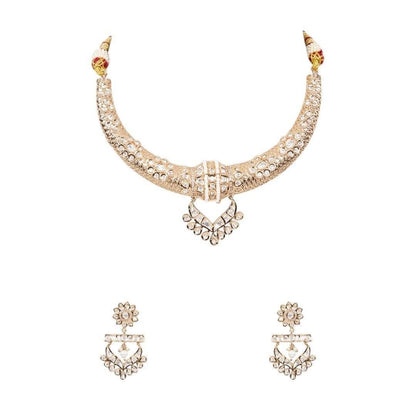 Gold-tone American Diamond designer necklace with textured stone detailing, statement pendant, and matching drop earrings styled on a model.