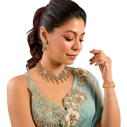 Classic Gold - Plated Bridal Choker Necklace with Matching Earrings - Auraa Trends - Necklace - # - Auraa Trends - Gold - plated choker with delicate details. Kundan stones for a luxury finish.