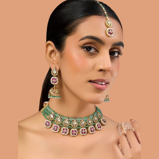 Classic Kundan and Green Bead Choker Set. - Auraa Trends - Necklace Set - # - Auraa Trends - Classic Kundan and Green Bead Choker Set.
