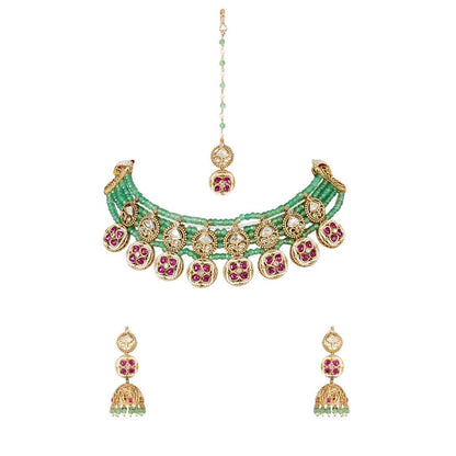 Classic Kundan and Green Bead Choker Set. - Auraa Trends - Necklace Set - # - Auraa Trends - Classic Kundan and Green Bead Choker Set.