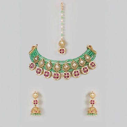 Classic Kundan and Green Bead Choker Set. - Auraa Trends - Necklace Set - # - Auraa Trends - Classic Kundan and Green Bead Choker Set.