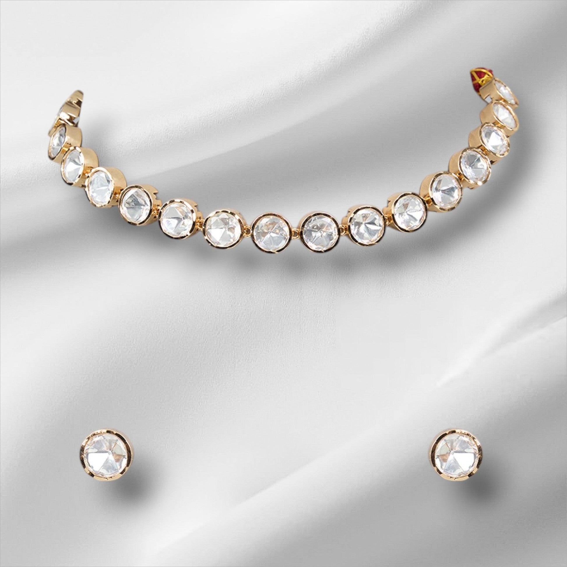 Classic Polki Kundan Necklace &amp; Stud Earrings Set - Auraa Trends - Choker - # - Auraa Trends - Classic Polki Kundan Necklace &amp; Stud Earrings Set