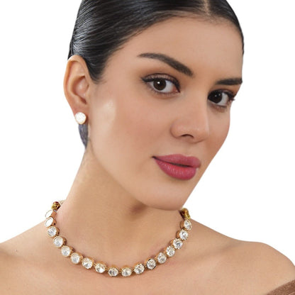 Classic Polki Kundan Necklace &amp; Stud Earrings Set - Auraa Trends - Choker - # - Auraa Trends - Classic Polki Kundan Necklace &amp; Stud Earrings Set