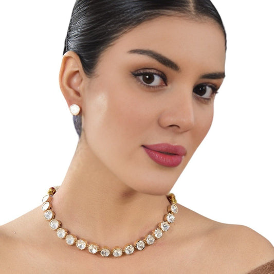 Classic Polki Kundan Necklace &amp; Stud Earrings Set - Auraa Trends - Choker - # - Auraa Trends - Classic Polki Kundan Necklace &amp; Stud Earrings Set