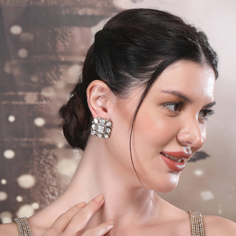 Classic Square Polki Stud Earrings - Auraa Trends - Studs - # - Auraa Trends - Buy Classic Square Polki Stud Earrings
