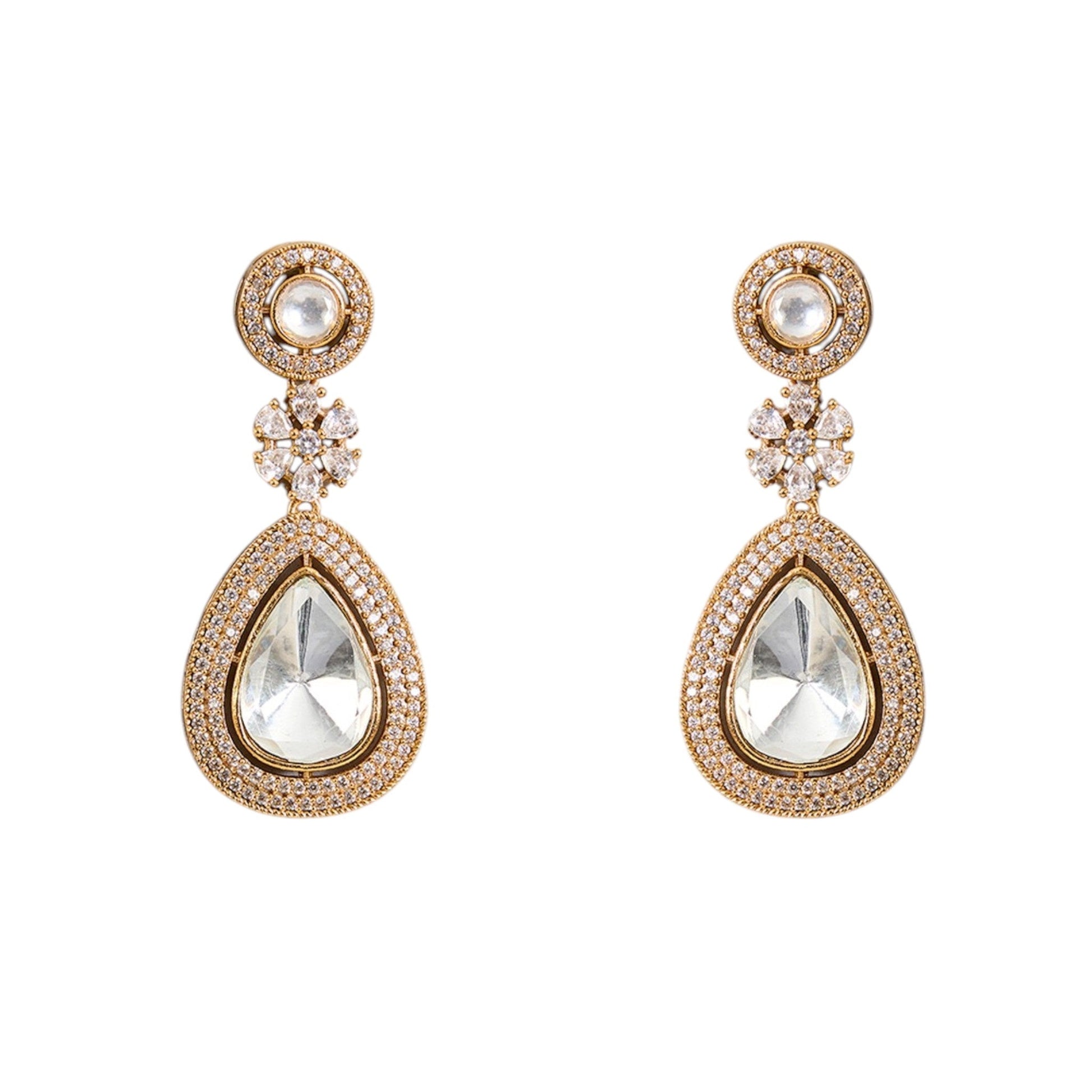 Classic White Kundan Choker Necklace Set with Earrings for Bridal & Wedding Wear - Auraa Trends - Necklace -  - Auraa Trends - “White kundan choker necklace set with teardrop stones and earrings” “Gold - tone bridal choker necklace with floral kundan work and crystal details” “Traditional Indian jewelry set with white stones for weddings”