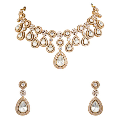 Classic White Kundan Choker Necklace Set with Earrings for Bridal & Wedding Wear - Auraa Trends - Necklace -  - Auraa Trends - “White kundan choker necklace set with teardrop stones and earrings” “Gold - tone bridal choker necklace with floral kundan work and crystal details” “Traditional Indian jewelry set with white stones for weddings”