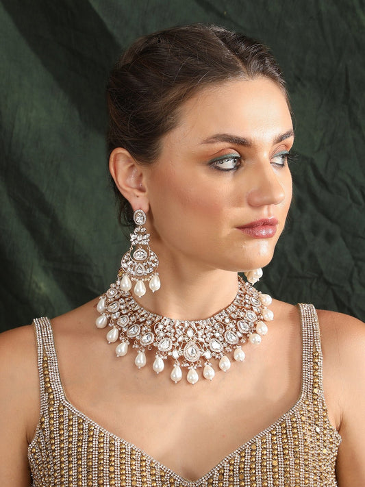 Contemporary Pearl & Polki Necklace with Matching Earrings - Auraa Trends - Necklace Set -Necklace sets New Arrivals