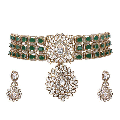 Crafted Green Choker Necklace Set With Matching Earrings - Auraa Trends - Choker - Crafted Green Choker Necklace Set