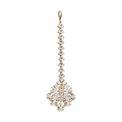 Gold finish American diamond maang tikka with clear pear-cut zircon stones, pave zircon accents and a leaf-shaped zircon chain – Auraa Trends