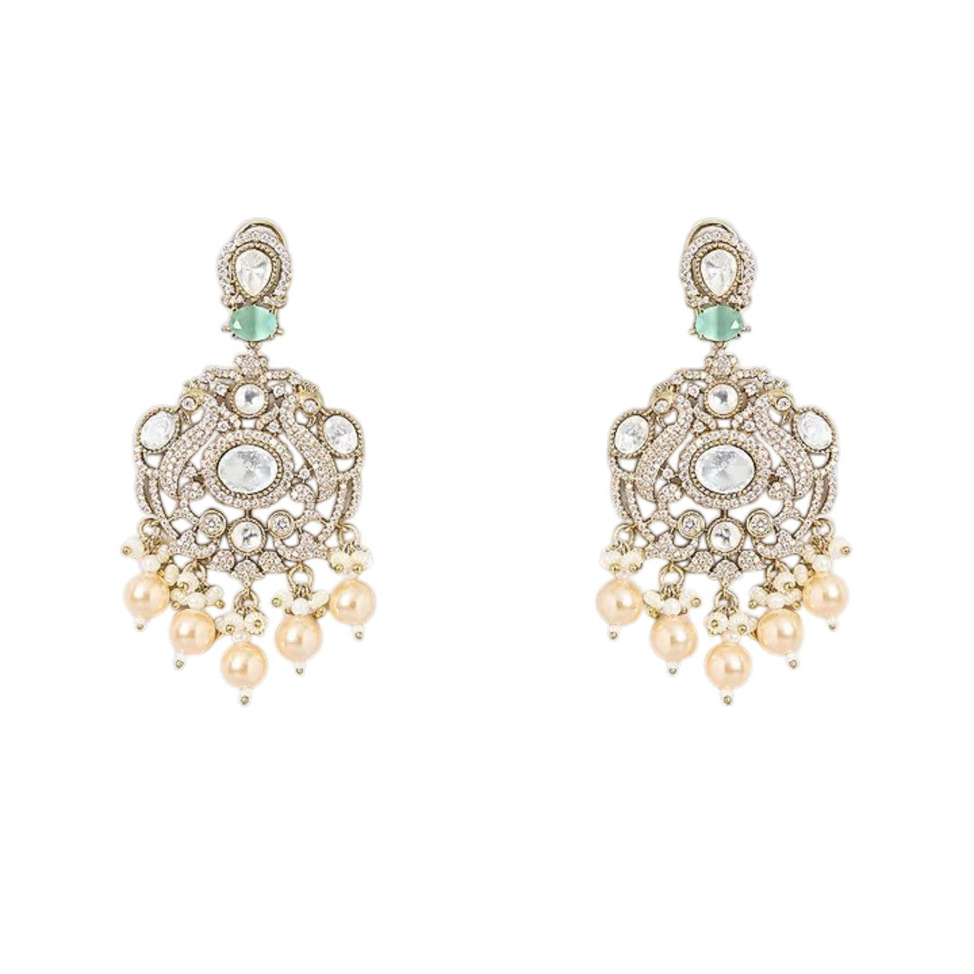 "Antique gold triple-strand turquoise necklace with pearl fringe pendant, matching drop earrings"