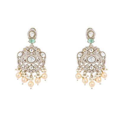 "Antique gold triple-strand turquoise necklace with pearl fringe pendant, matching drop earrings"