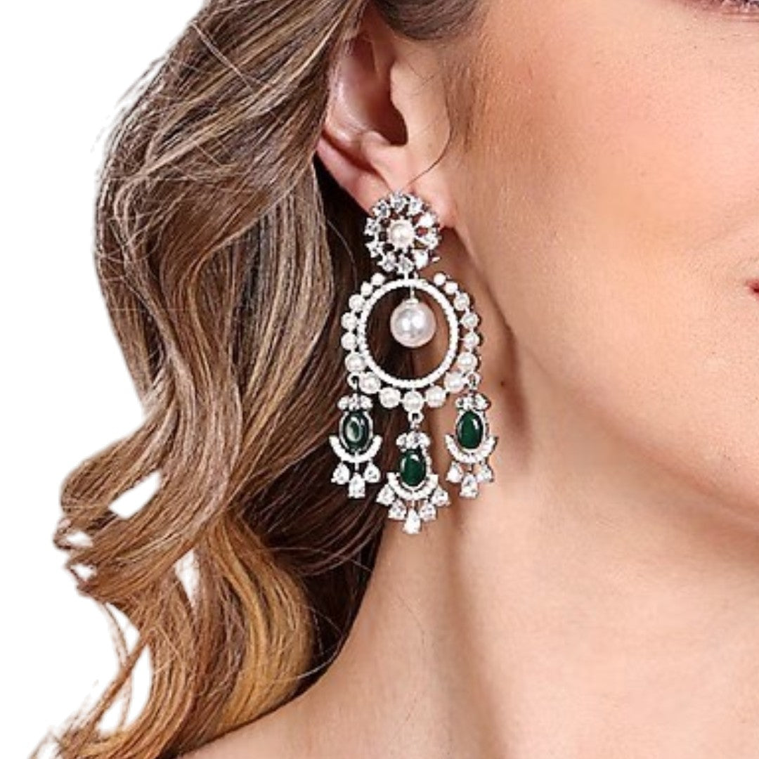 Silver Zircon Pearl Chandelier Earrings