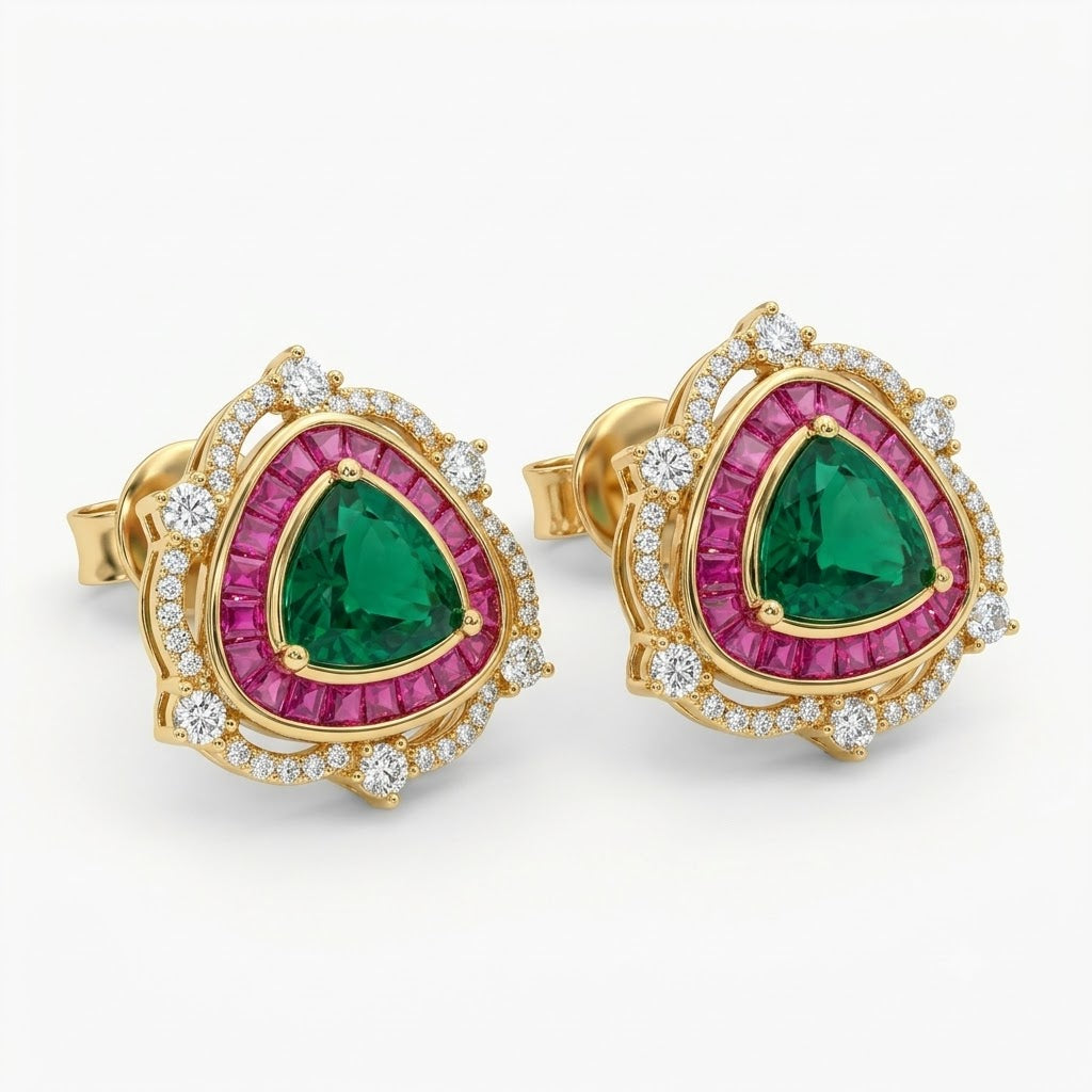 Pair of gold halo stud earrings with emerald-green triangle centre stones, ruby-pink baguette borders and zircon