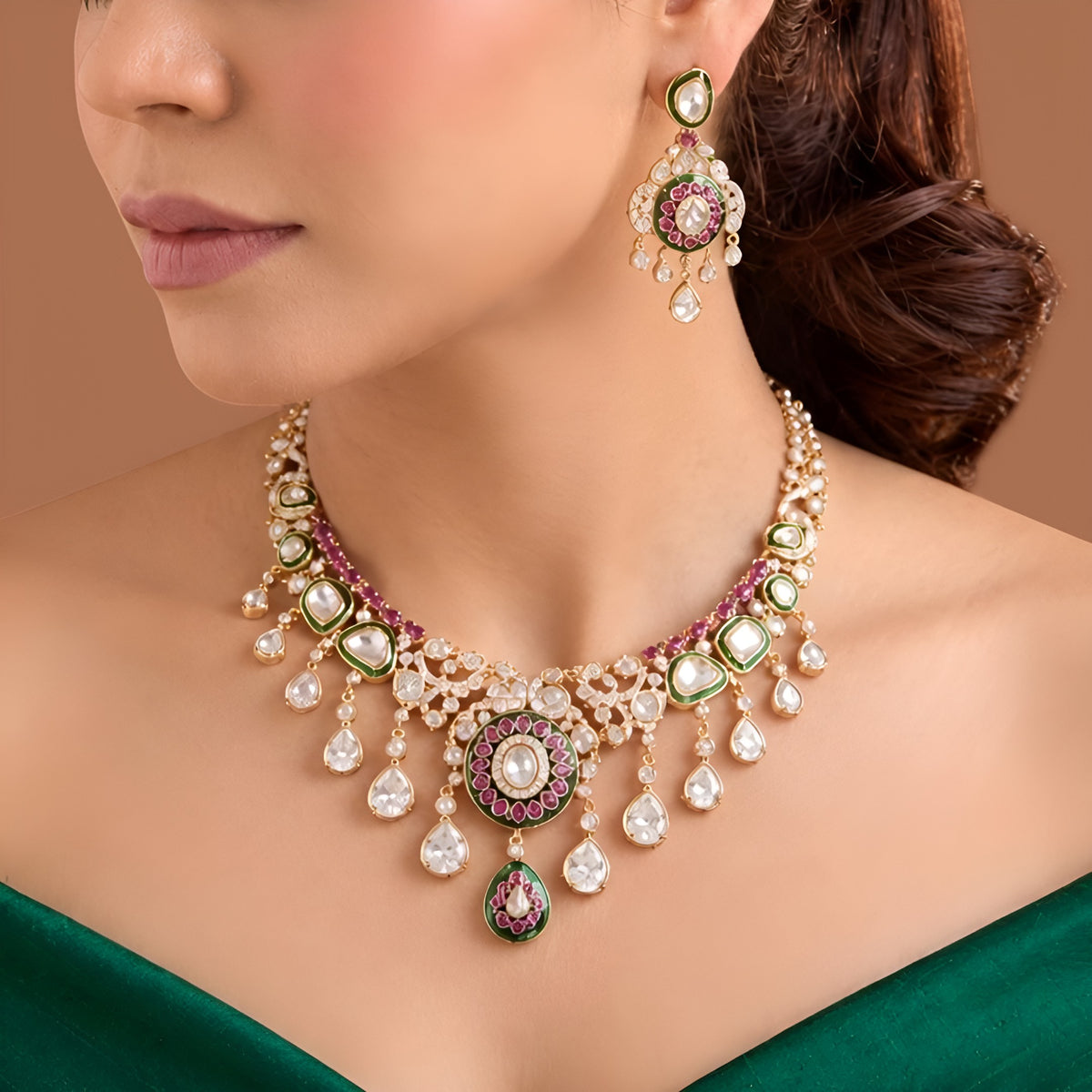 Bridal Polki-Style Necklace Set with Teardrop Drops