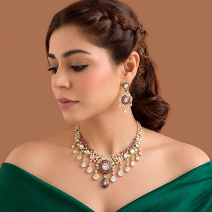 Bridal Polki-Style Necklace Set with Teardrop Drops