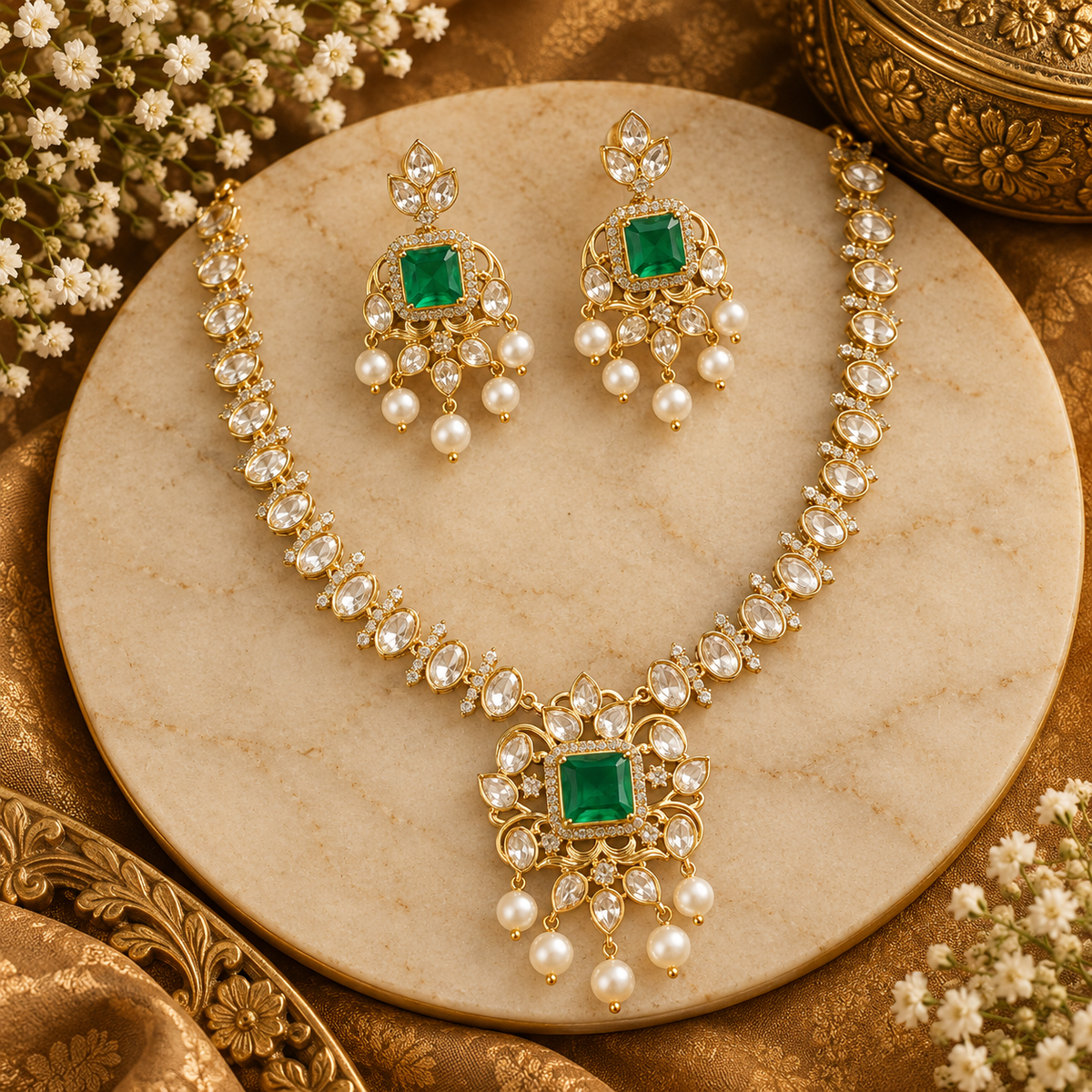 Gold finish kundan polki necklace set with emerald green square stone pendant and pearl drops