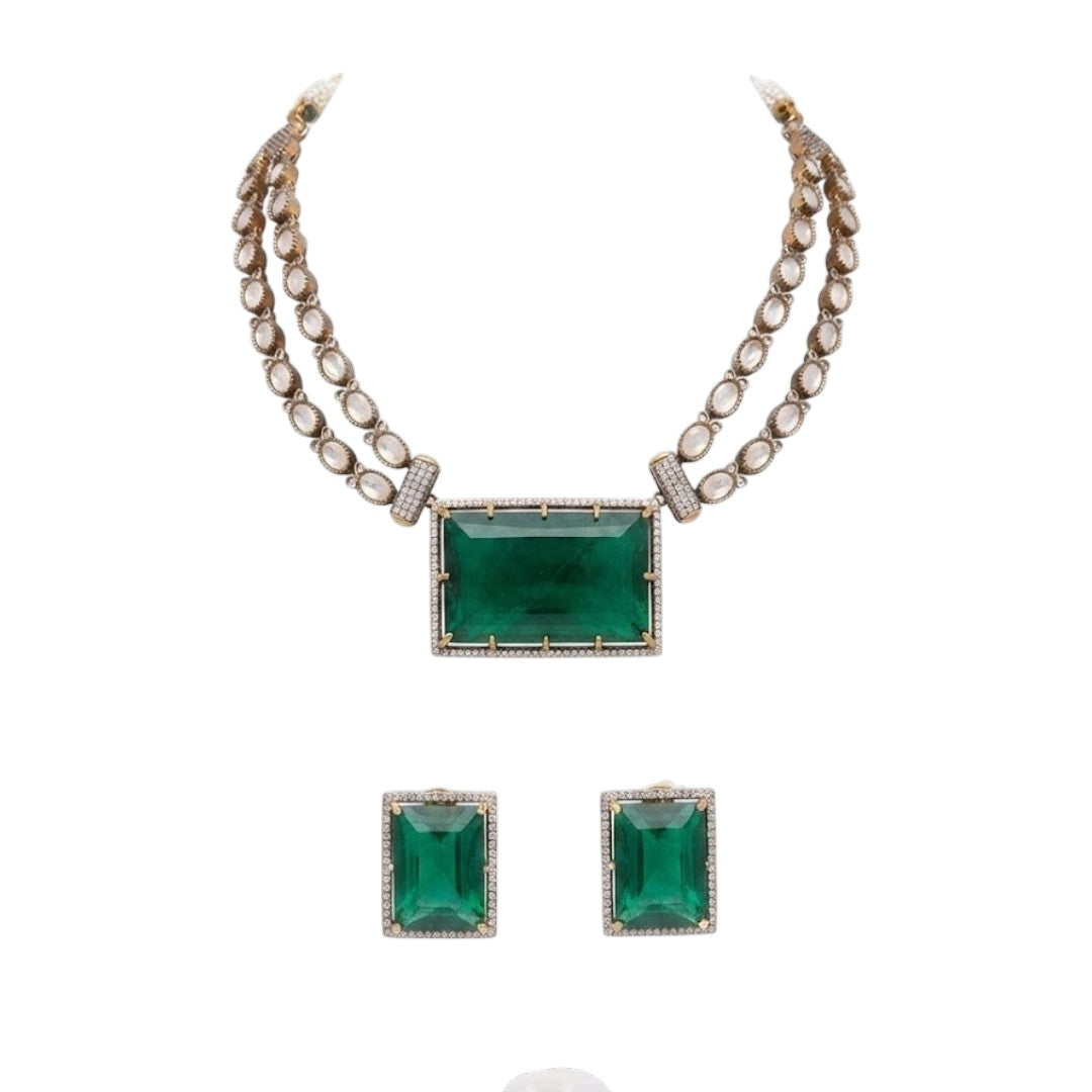 Green Crystal Pendant Necklace Set with Earrings Gold Plated Statement