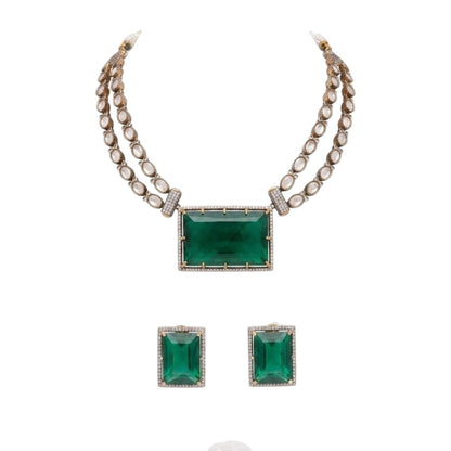 Green Crystal Pendant Necklace Set with Earrings Gold Plated Statement