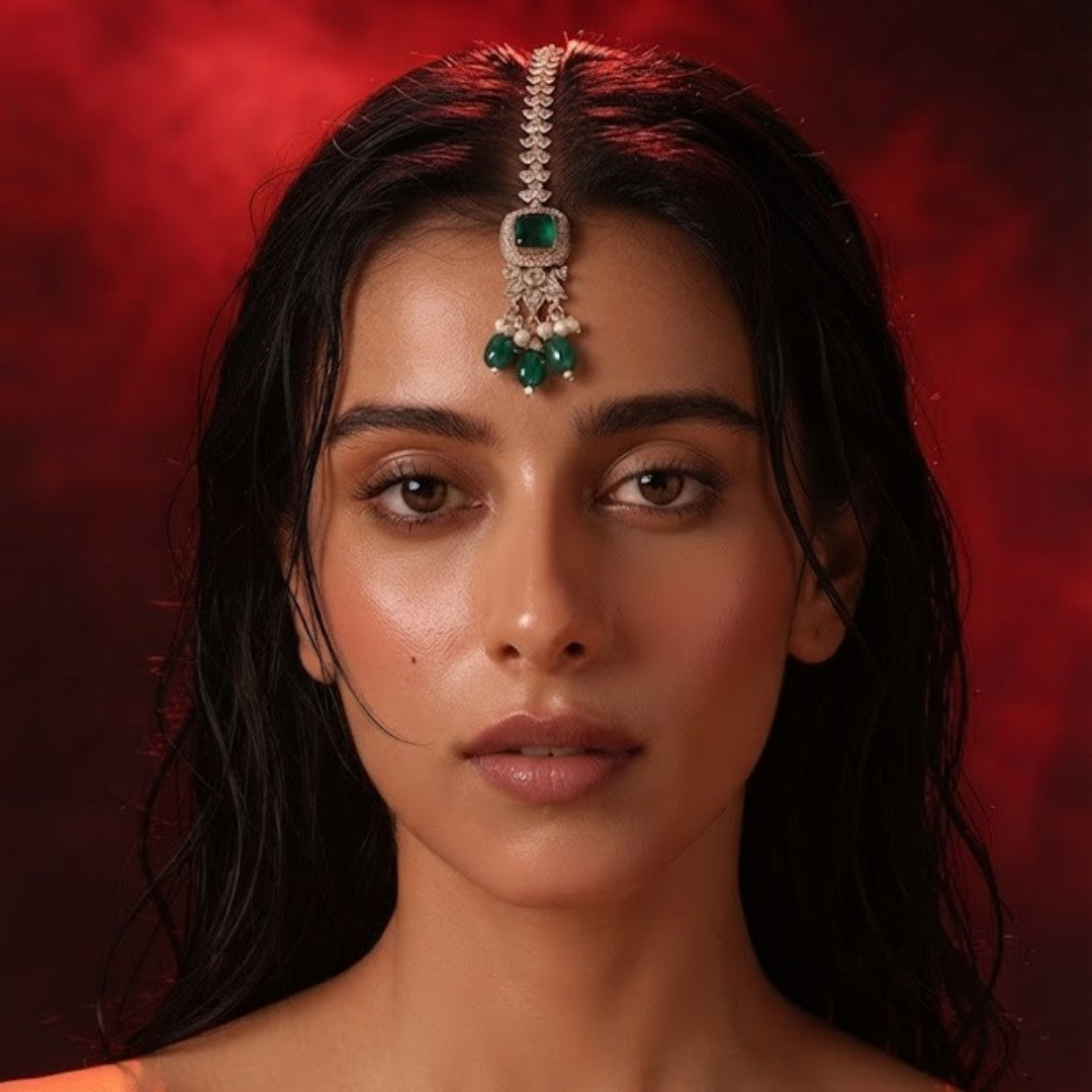 "Gold-toned maang tikka with layered polki stones, emerald green floral accents and teardrop pendant, traditional Indian bridal jewelry"