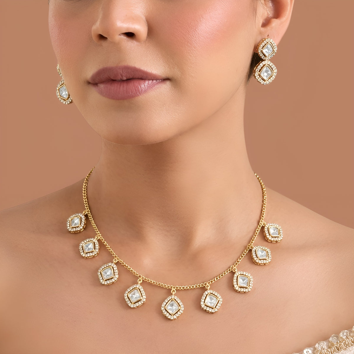 Rose Gold Moissanite Station Necklace with Stud Earrings