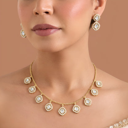 Rose Gold Moissanite Station Necklace with Stud Earrings