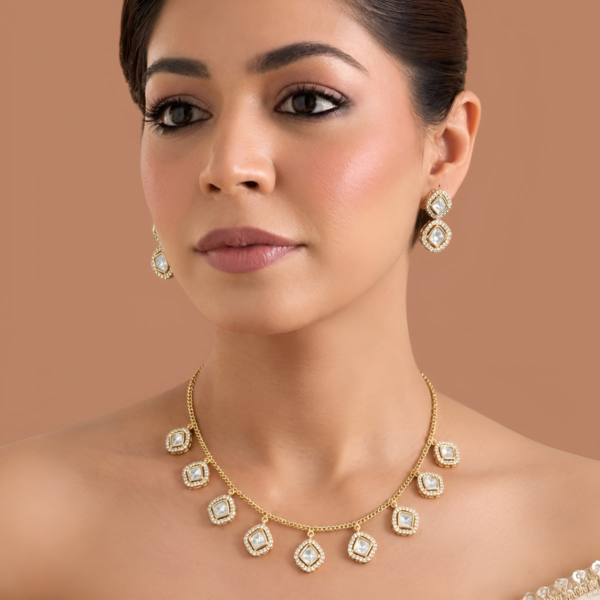 Rose Gold Moissanite Station Necklace with Stud Earrings