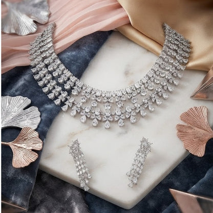 Luxury American Diamond Choker Necklace Set with Long Tassel Earrings Rhodium Plated Bridal Wedding Jewelry