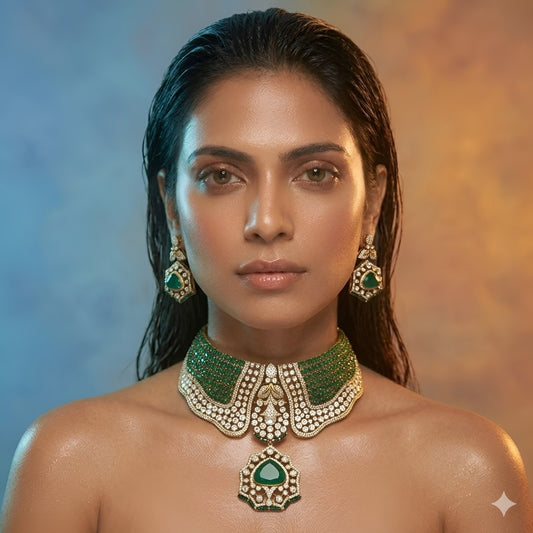 Luxury emerald green bridal choker necklace set with American diamonds and matching earrings on golden textured background.