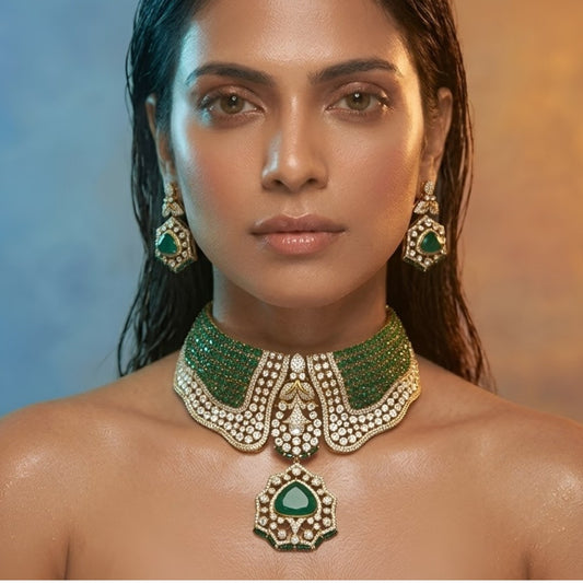 Emerald Green Bridal Choker Necklace Set with American Diamonds & Matching Earrings