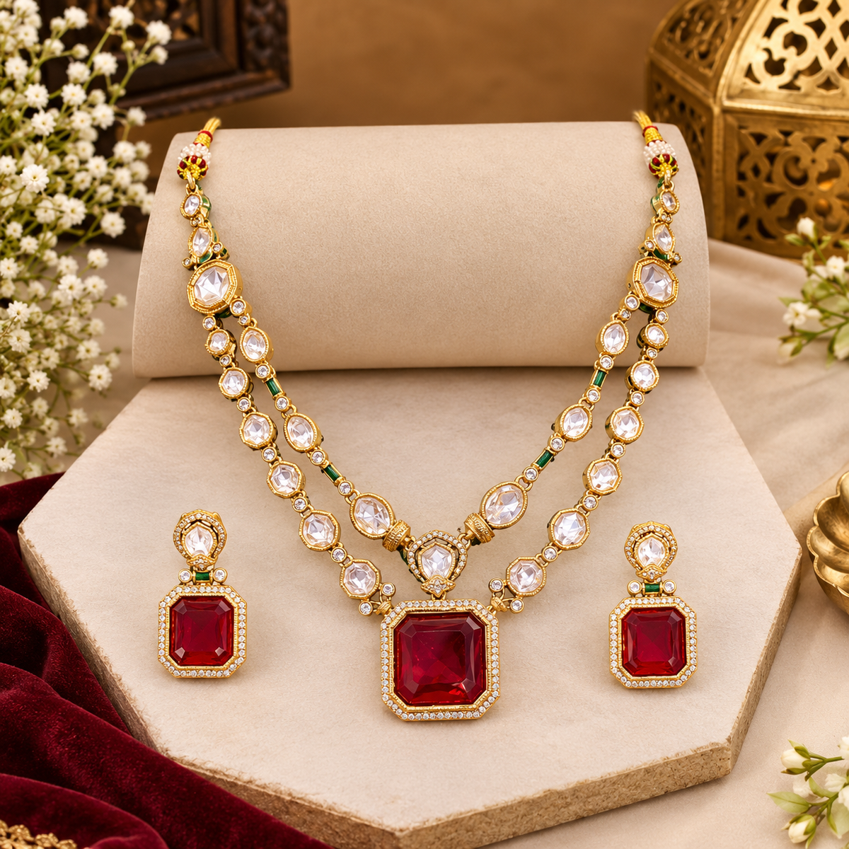 Gold kundan polki double strand necklace set with square ruby red pendant and matching earrings by Auraa Trends
