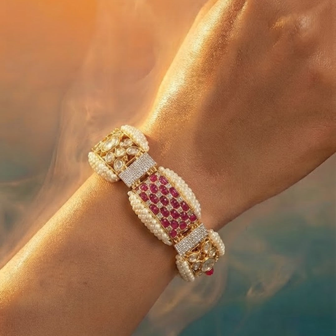 Kundan Pearl & Ruby Studded Gold-Plated Bracelet | Handcrafted Indian Bridal Jewelry