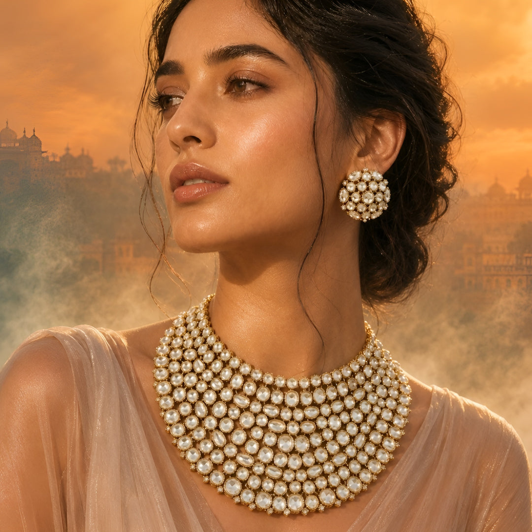 "Gold-tone kundan studded bib-style bridal necklace set with matching round stud earrings on white background"
