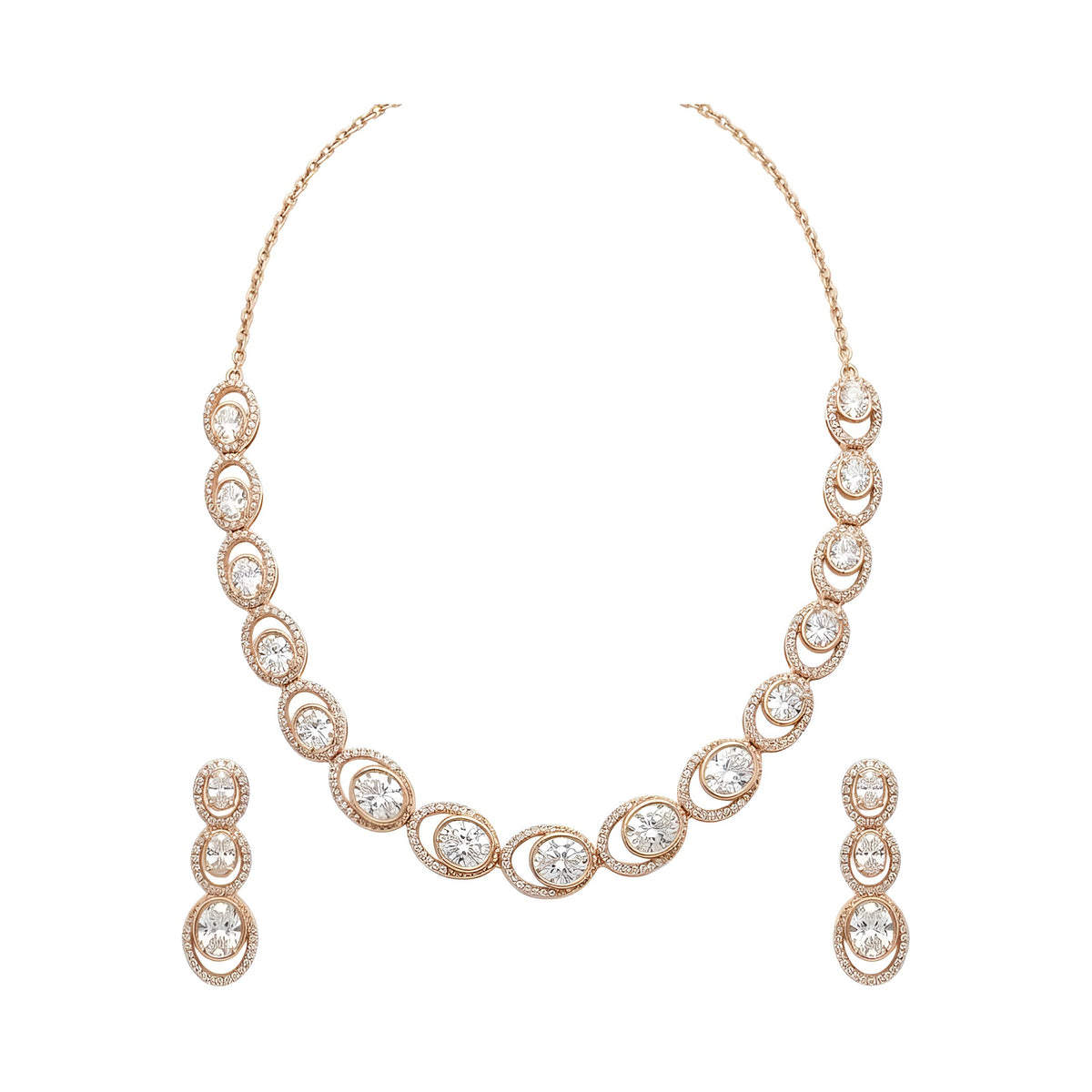 Rose gold American diamond oval link necklace set with matching three-tier drop earrings by Auraa Trends