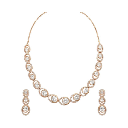 Rose gold American diamond oval link necklace set with matching three-tier drop earrings by Auraa Trends