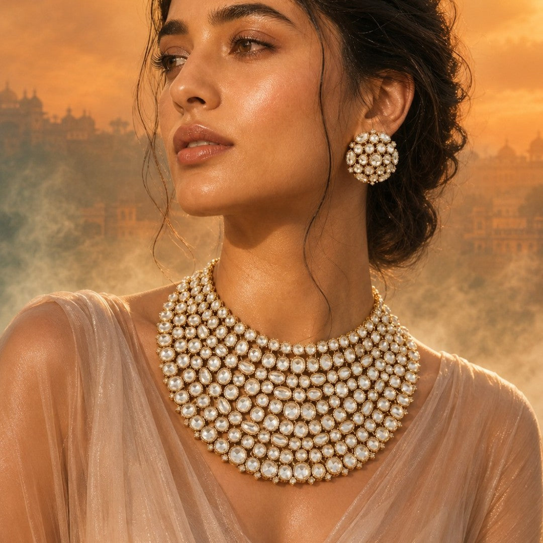 Kundan Studded Statement Bib Necklace Set with Stud Earrings