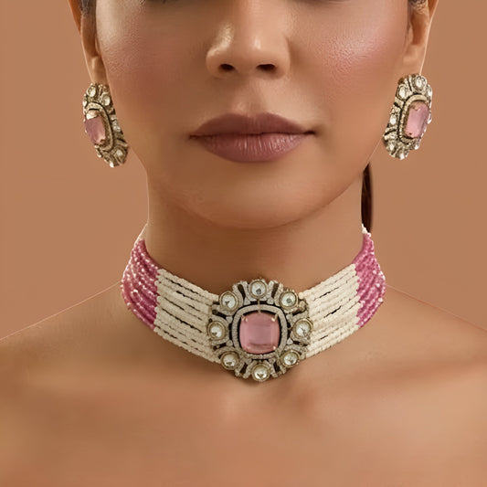 Pink and white multi-layer seed pearl choker necklace with Victorian kundan zircon medallion and pink centre stone