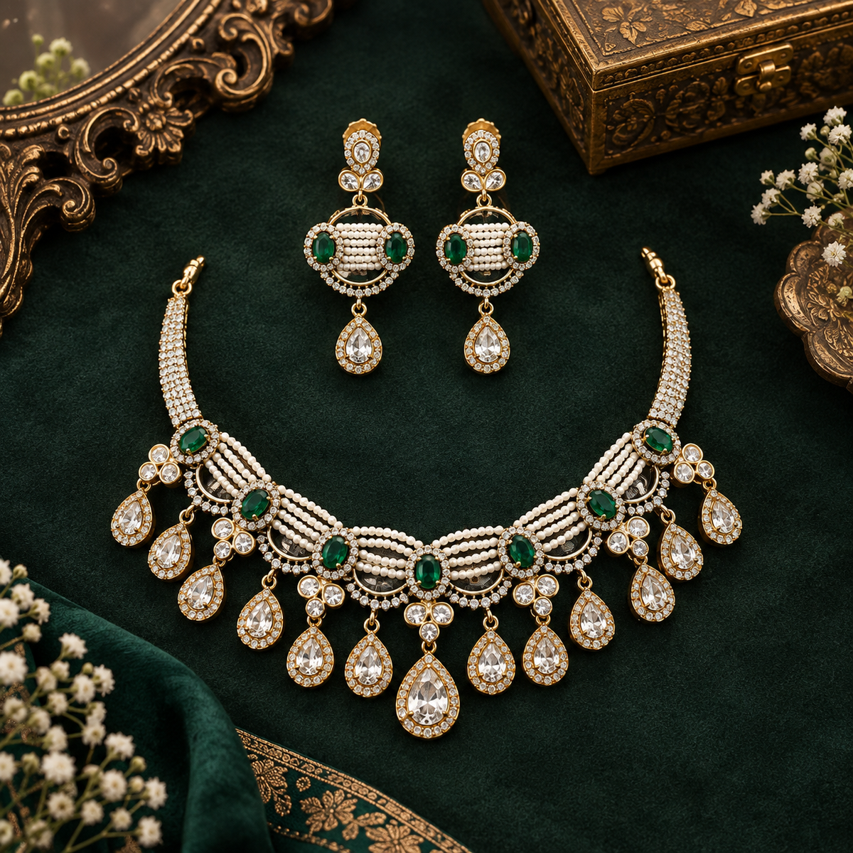 Gold-finish emerald green seed pearl kundan polki choker necklace set with teardrop drops and matching pearl drop earrings