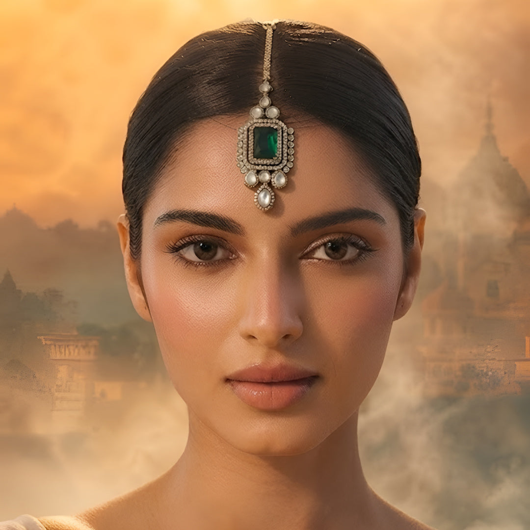 Gold maang tikka with emerald cut green stone in kundan halo setting and pearl chain, Indian bridal hair jewelry on white background